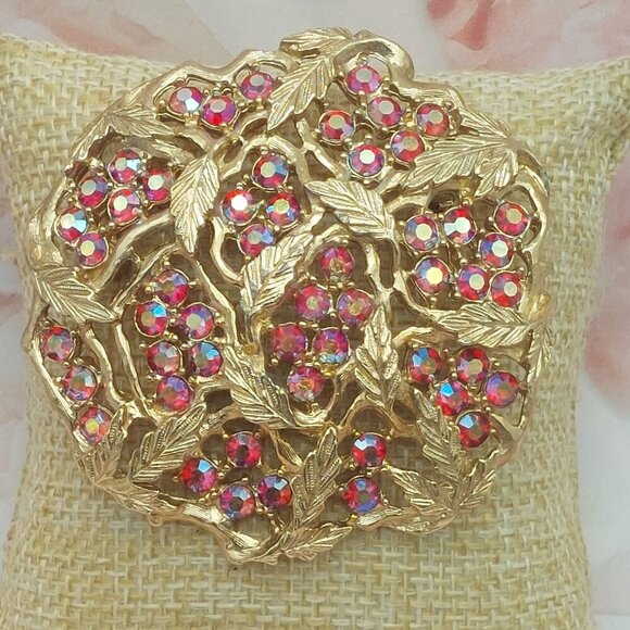 Sarah Coventry Jewelry - 1960's Sarah Coventry Large Brooch Pin STUNNING Gold Tone Leaves Red AB Stones